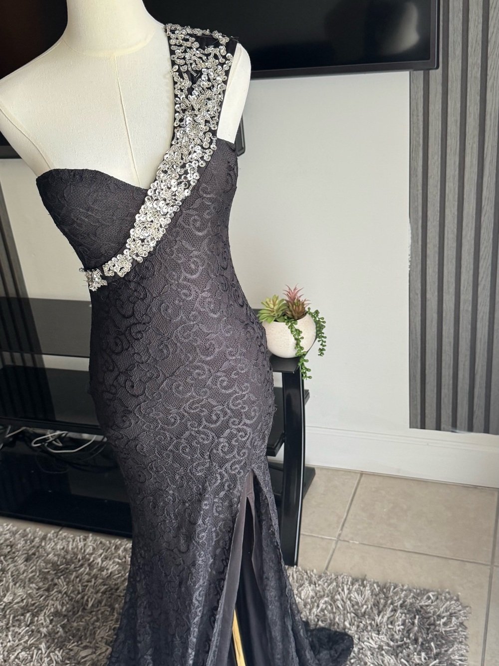One-Shoulder Black Lace Evening Gown with Crystal Embellishment